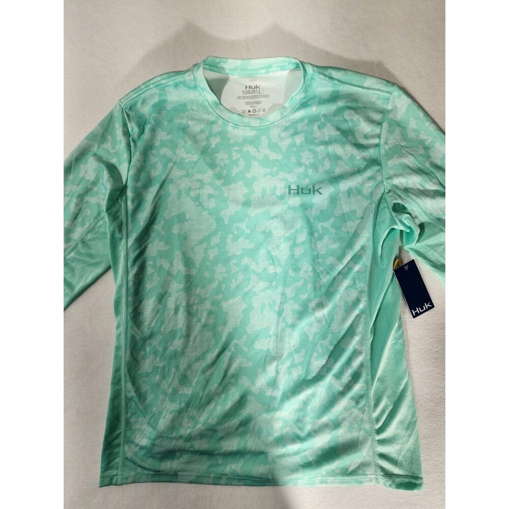Huk Fishing Long Sleeve T Shirt Mens Size L Seafoam Green Camo Patten UPF 50+